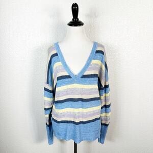 Sundays Womens Mae Linen Knit V Neck Blue Multicolor Striped Sweater Size‎ 2 / M